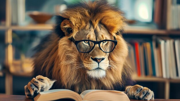 Leão lendo livros na biblioteca