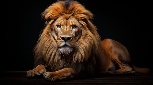 Foto leão lindo em um fundo escuro visão reta