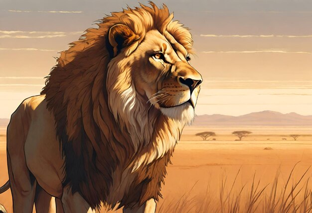 Leão macho de pé na grama longa da África