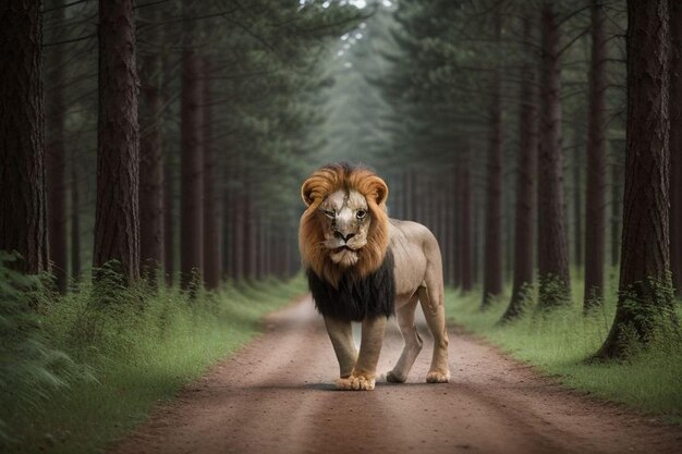 Foto leão macho em fundo de savana florestal