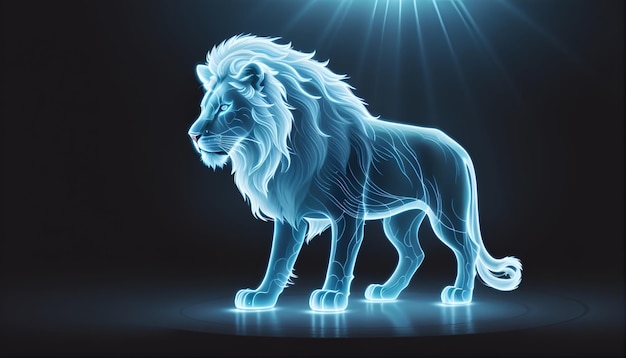 Leão mágico holográfico de fantasia gerado por IA na floresta