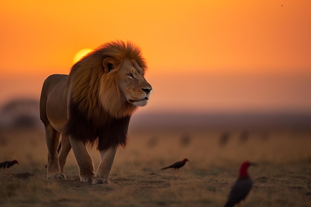 Leão majestoso caminhando pela savana africana