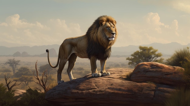 Leão majestoso em pé sobre uma rocha com vista para uma vasta savana