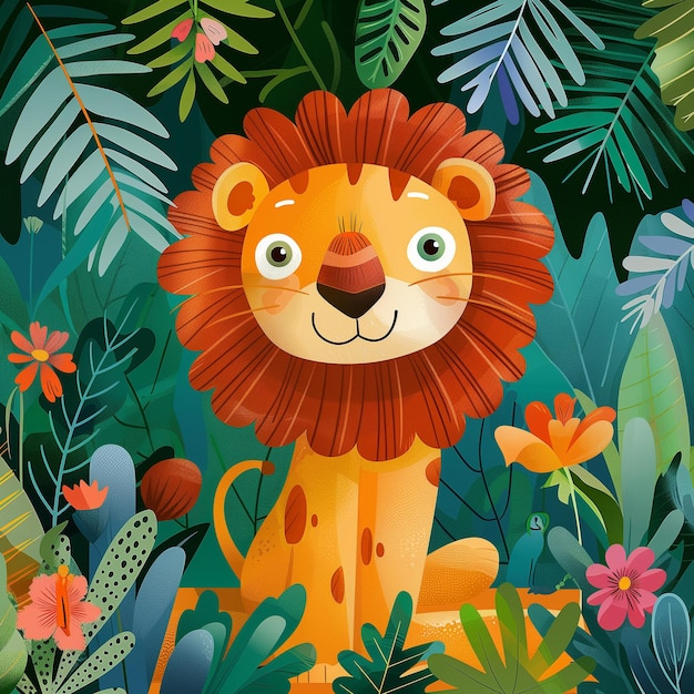 Leão majestoso em uma cena vibrante da selva Ilustração
