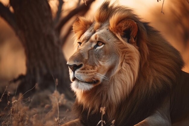 Leão majestoso repousa sobre a savana ao pôr do sol generativo IA