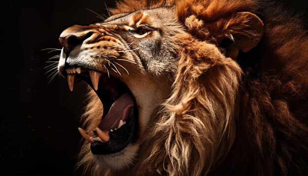 Foto leão majestoso rugindo de fúria mostrando dentes e grande crina gerada por inteligência artificial