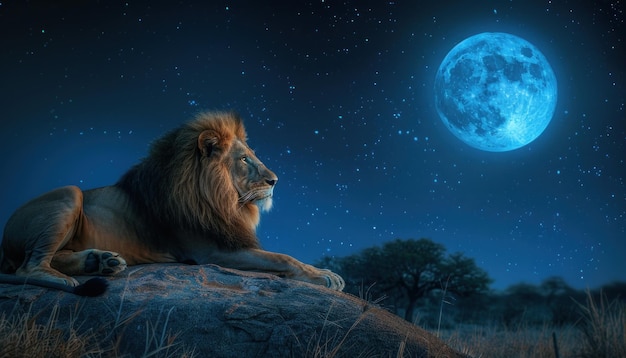 Leão majestoso sob a lua cheia