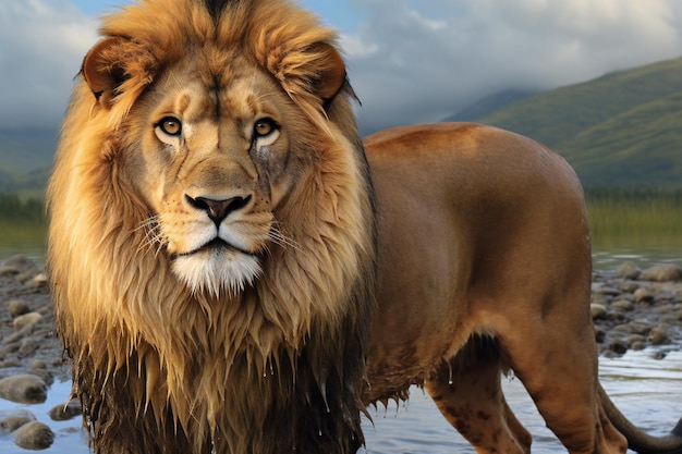Leão no rio Escena da vida selvagem da África Retrato de animal
