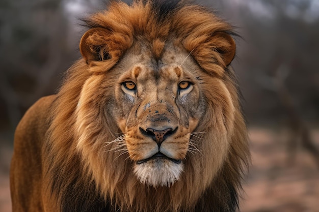 Foto leão olhando para a câmera fundo bonito fundo de savana gerado por ai