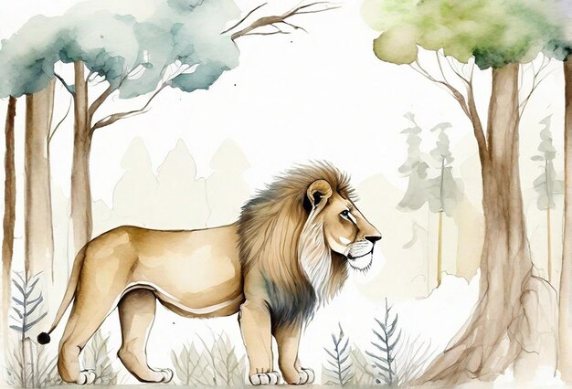 leão pequeno e bonito com ilustração a aquarela
