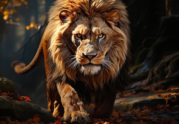 Leão poderoso a caminhar na floresta Leão bonito na selva