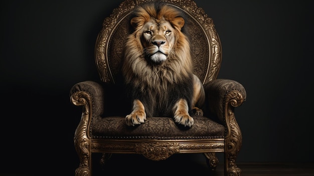 Leão sentado em uma poltrona antiga em frente a um fundo escuro