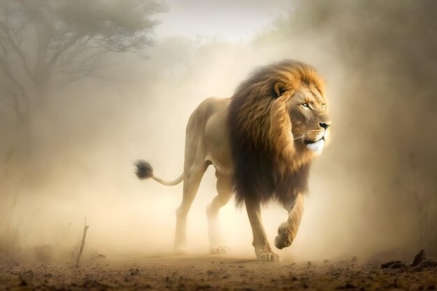 Leão solteiro com aparência real, de pé orgulhosamente numa pequena colina gerada por uma rede neural.