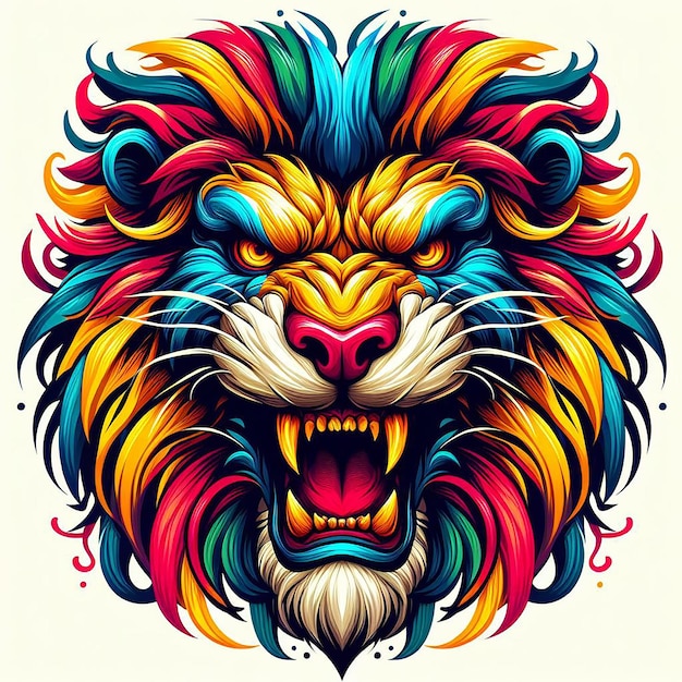 Leão zangado, colorido, humor perigoso, gerado pela IA.