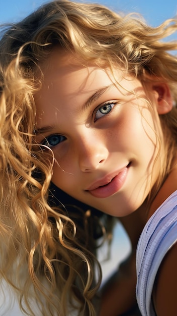 Leben junges mädchen lockiges haar blaue augen posieren unglaublich ozean blond hartes sonnenlicht plastpuppe