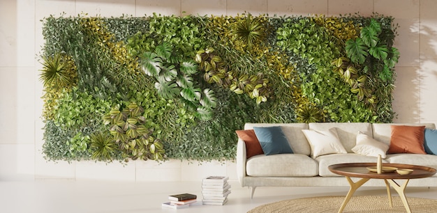 Lebende grüne Wand im Innendesign Vertikaler Garteninnenraum 3D-Rendering