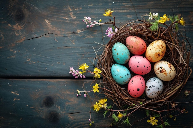 Foto lebendig farbige ostereier in einem natürlichen zweignest, geschmückt mit frühlingsblumen auf einer dunklen holzoberfläche, bieten inhalte über ostertraditionen und frühlingsfeiern