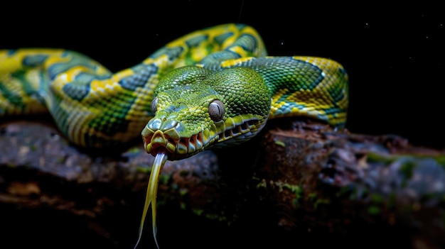 Lebendig grüner Python auf dunklem Hintergrund