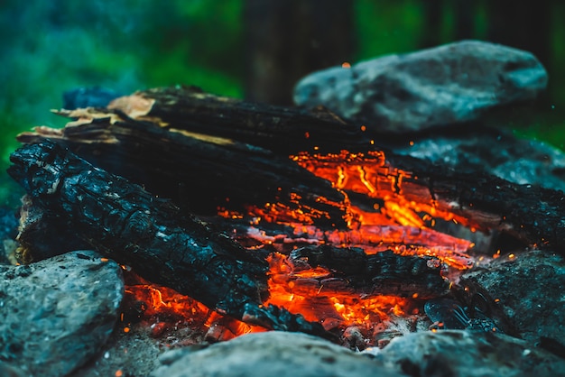 Lebendig schwelendes Brennholz brannte in Feuernahaufnahme