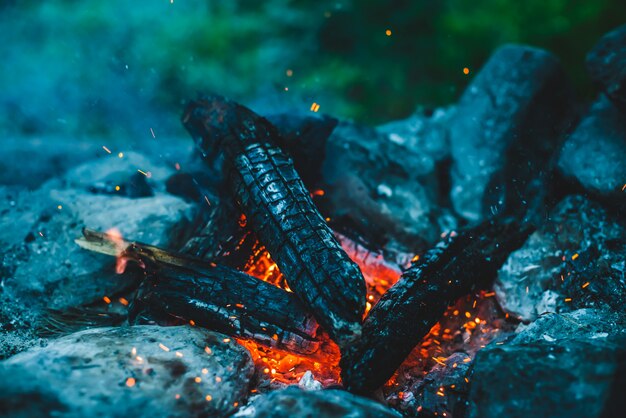 Lebendig schwelendes Brennholz brannte in Feuernahaufnahme