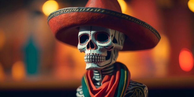Lebendig verzierter Totenkopf mit mexikanischem Hut zur Feier des mexikanischen Tages des Dia de Muertos