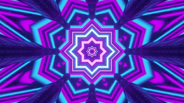 Lebendige 3D-Darstellung 4K UHD abstraktes visuelles Hintergrunddesign mit kaleidoskopgeometrischer blumenförmiger Verzierung in hellen Neonfarben mit Lichteffekten