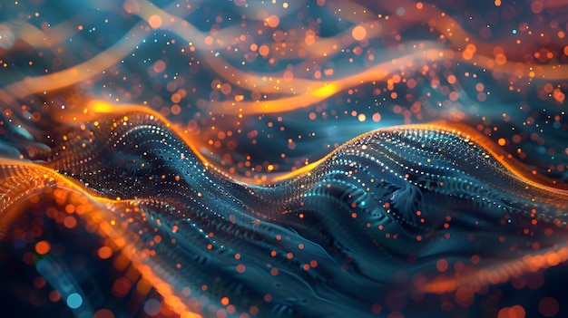 Lebendige 3D-Illustration fließender digitaler Partikel in blauen und orangefarbenen Farben
