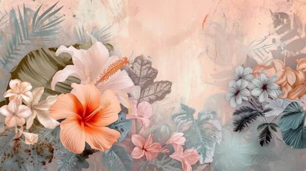 Lebendige abstrakte botanische Collage mit üppigem tropischem Laub in Pasteltönen mit Kopierplatz für