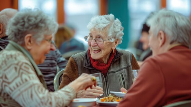 Lebendige ältere Gemeinde Senioren verbinden sich über eine gesunde Mahlzeit für Wohlbefinden und soziale Verbindungen