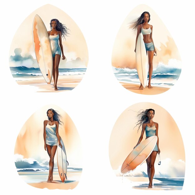 Lebendige Aquarell-Illustration Afrikanische Surferin Frau in Surfgerät mit Brett Wellen des Meeres Hintergrund Handgezeichnetes Cartoon-Kunstwerk