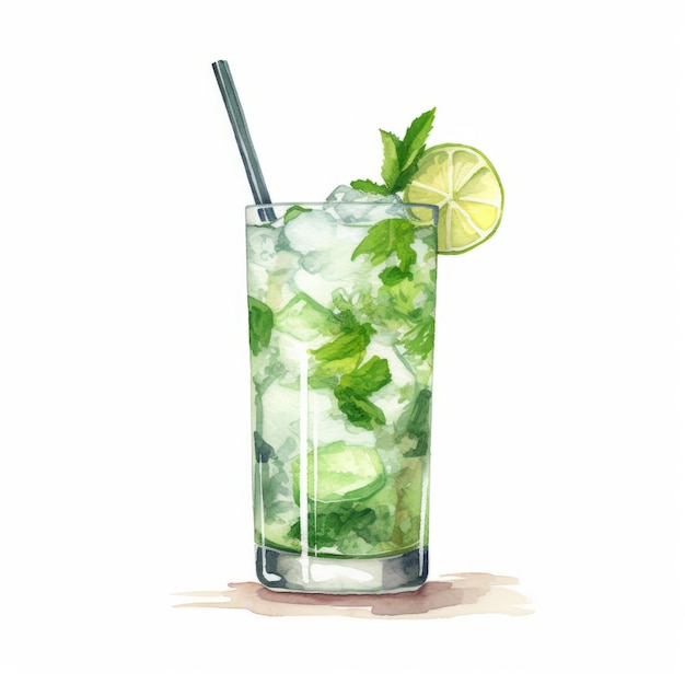 Lebendige Aquarell-Illustration von Mojito mit Gurke und Minze