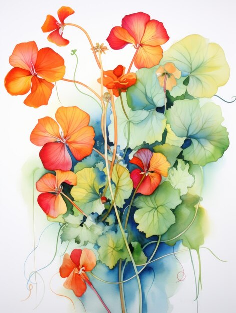 Lebendige Aquarell-Kapuzinerkresse-Blätter und -Blumen, die von der KI generiert wurden