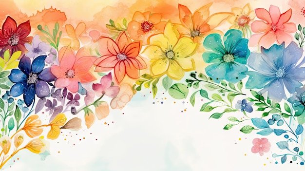 Lebendige Aquarellblumen mit Regenbogendesign und Kopierraum für Frühlingstext