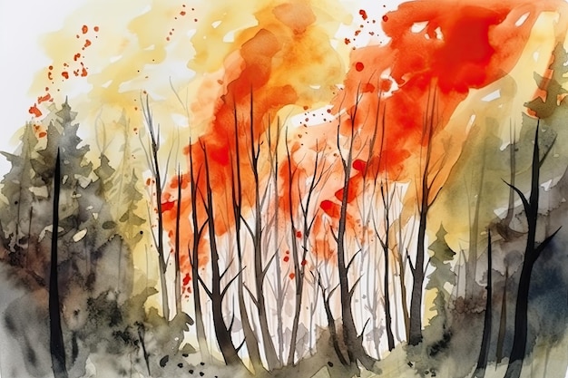 Lebendige Aquarelldarstellung eines katastrophalen Waldbrandes mit Bäumen, die in orangefarbene Flammen gehüllt sind. Generative KI