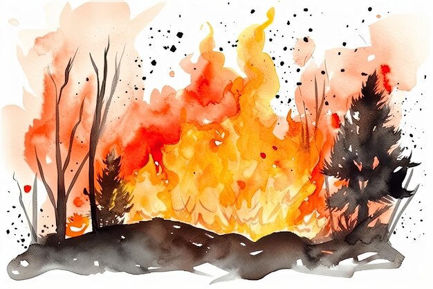 Foto lebendige aquarelldarstellung eines katastrophalen waldbrandes mit bäumen, die in orangefarbene flammen gehüllt sind. generative ki