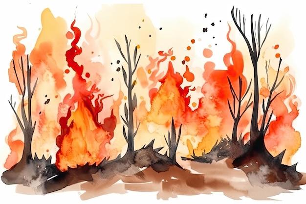 Foto lebendige aquarelldarstellung eines katastrophalen waldbrandes mit bäumen, die in orangefarbene flammen gehüllt sind. generative ki