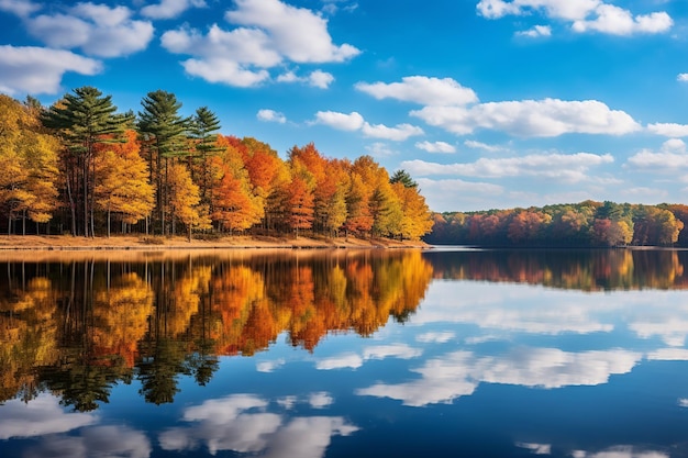 Lebendige Bäume im Herbst, die sich im ruhigen See spiegeln