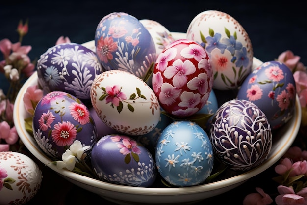 Lebendige bemalte Eier mit blumigem Design Erzeugen Sie Ai