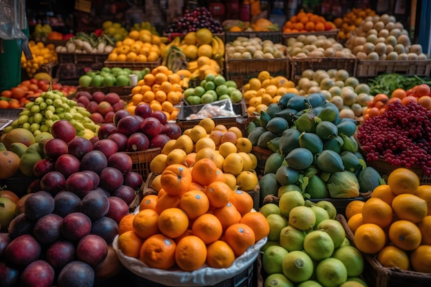 Lebendige Bilder von frischem Obst und Gemüse auf einem Markt mit generativer KI