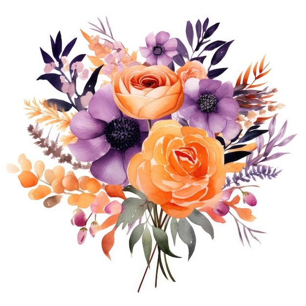 Lebendige Blüten atemberaubende violette und orangefarbene Aquarelle Blumensträuße auf weißem Hintergrund