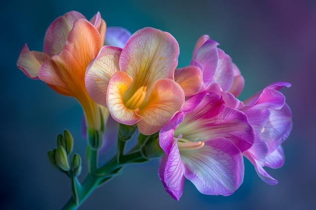 Lebendige Blüten mit orangefarbenen und rosa Blütenblättern auf einem pastellblauen Hintergrund Frühling