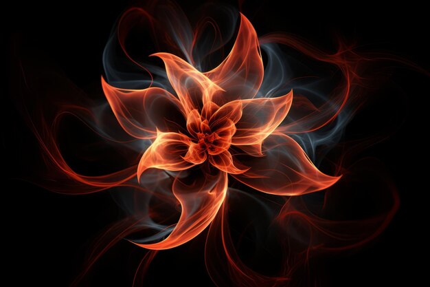 Lebendige Blumenflammen tanzen in einem geheimnisvollen dunklen Ambiente eine symbolisch leuchtende abstrakte Textur