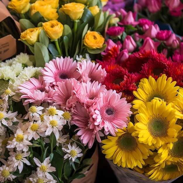 Lebendige Blumensträuße, die auf dem Markt verkauft werden. Generative KI