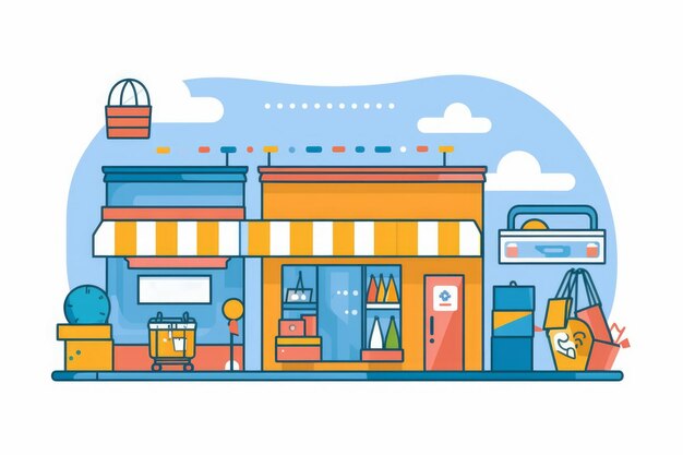 lebendige Business-Konzept-Illustration mit Sammlung von Flach-Stil-Laden-Läden