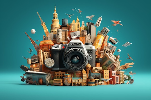 Foto lebendige collage von kameras und ikonischen sehenswürdigkeiten generative ai