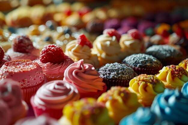 Foto lebendige cupcake-auswahl mit eis und toppings