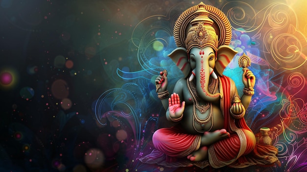 Lebendige Darstellung der hinduistischen Gottheit Ganesh auf einem verzierten Hintergrund Moderne 3D-Rendering auf der Zitadelle