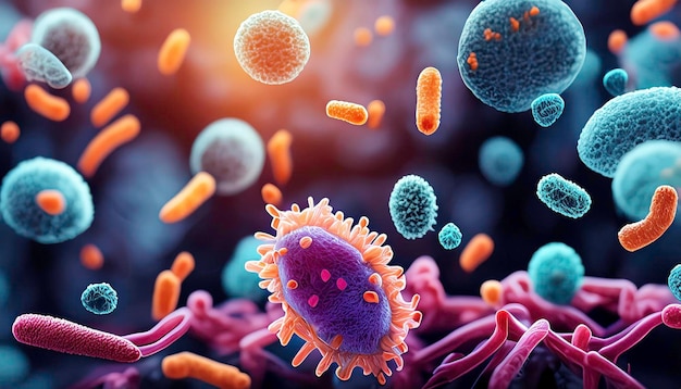 Lebendige Darstellung der Mikrobiota, einschließlich Bakterien, Pilze, Protozoen und Viren, die nebeneinander existieren