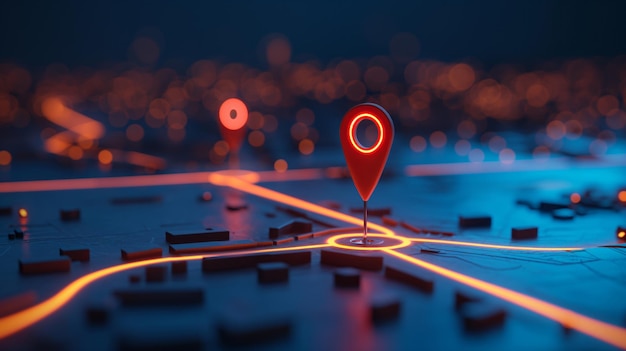 Lebendige digitale Karte mit leuchtend rosa Standortspitzen auf einem dunklen Hintergrund, die moderne GPS-Navigationstechnologie auf visuell auffallende Weise darstellt