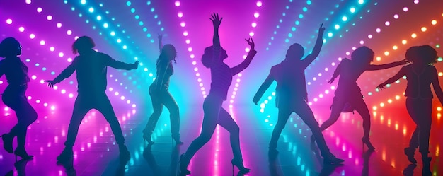Foto lebendige disco-tänzer in retro-kleidung groove unter blendenden lichtern illustration konzept disco-fieber retro-mode blendende lichter groovy moves lebendige illustration